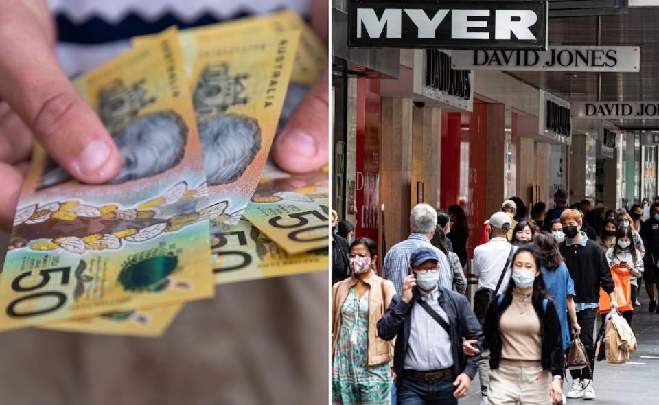 Compilation image of hands counting out $50 notes with an image of people walking down a shopping strip to represent money baggage