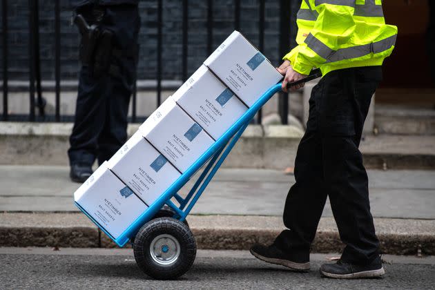 Bottles of champagne-style sparkling wine delivered to Downing Street in January 2020. (Photo: Leon Neal via Getty Images)