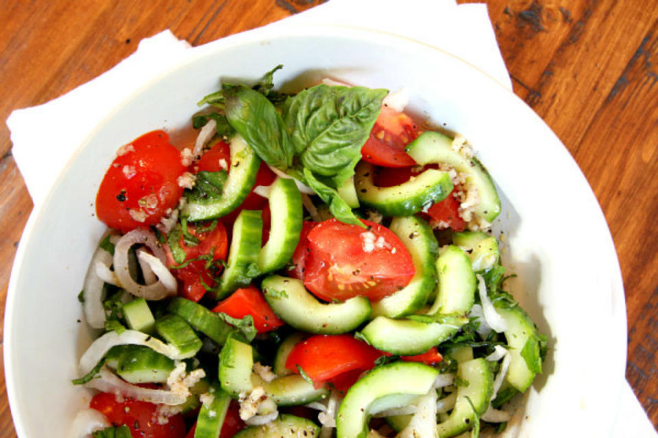 <p>Recipe Girl</p><p>Throw tomatoes into a salad with crunchy cucumbers, onion and a simple herb dressing, and you have a lovely summer side dish.</p><p><strong>Recipe here: </strong><strong><a href="http://www.recipegirl.com/2016/07/25/tomato-cucumber-and-basil-salad/" rel="nofollow noopener" target="_blank" data-ylk="slk:Tomato, Cucumber & Basil Salad;elm:context_link;itc:0;sec:content-canvas" class="link ">Tomato, Cucumber & Basil Salad</a></strong></p>