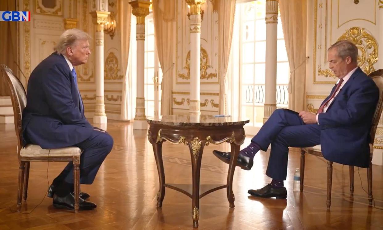 <span>During an interview with Nigel Farage (right), Donald Trump (left) said Australia’s ambassador to the US, Kevin Rudd, ‘will not be there long’ if he is hostile to a Trump presidency.</span><span>Photograph: GB News</span>