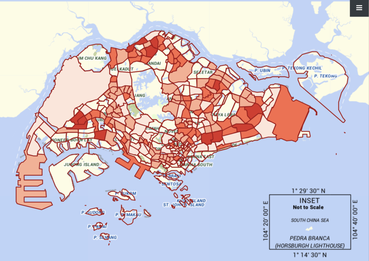 Ministry of Health's new COVID-19 situational map launched on 1 October 2021 indicating the varying concentration of cases frequently visited by them recently across Singapore. (MAP: MOH)