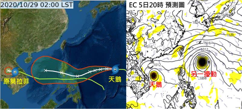 左圖：今(29)日2時中央氣象局「路徑潛勢預測圖」(左圖)顯示，菲律賓東方海面的熱帶低壓，已發展為第19號颱風「天鵝」，向西進行，將通過菲律賓中部，進入南海，其路徑與「莫拉菲」大同小異。