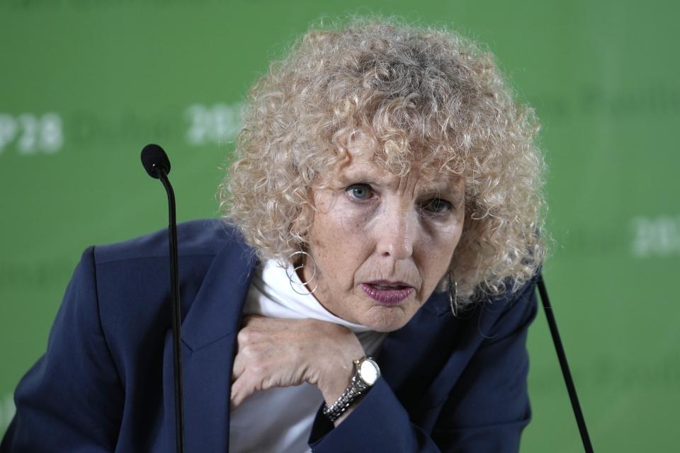 Germany's climate envoy Jennifer Morgan listens during a news conference at the COP28 U.N. Climate Summit, Wednesday, Dec. 6, 2023, in Dubai, United Arab Emirates. (AP Photo/Rafiq Maqbool)