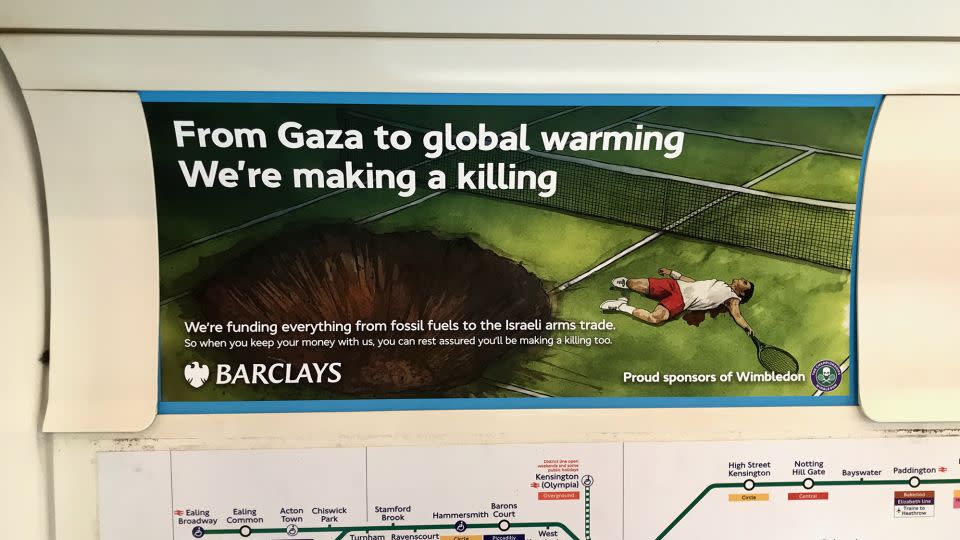 One of the pieces of art -- by Darren Cullen -- protesting Barclays' sponsorship of Wimbledon. - Brandalism