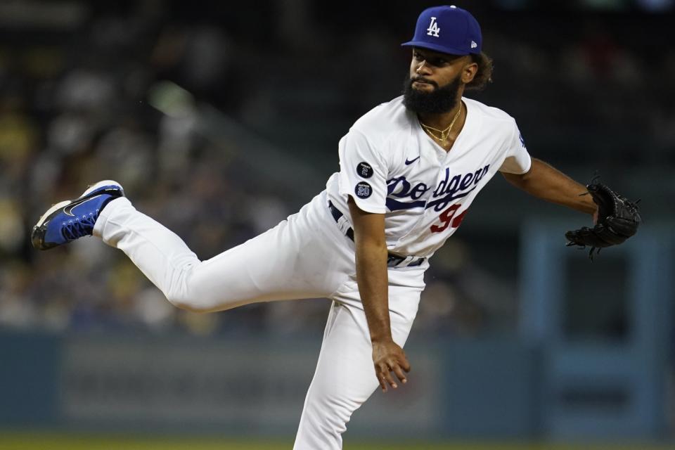 Dodgers pitcher Andre Jackson watches a delivery during the sixth inning Aug. 27, 2021.