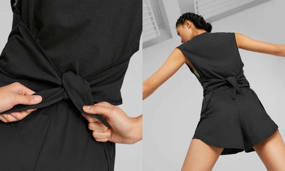 運動服推薦4. PUMA瑜珈系列Skimmer綁帶削肩短袖T恤 NT$1,180（圖片來源：Yahoo奇摩購物中心）