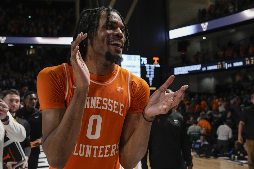 Tennessee forward Jonas Aidoo (0) celebrates the team's 75-62 win against Vanderbilt after an NCAA college basketball game Saturday, Jan. 27, 2024, in Nashville, Tenn. (AP Photo/George Walker IV)