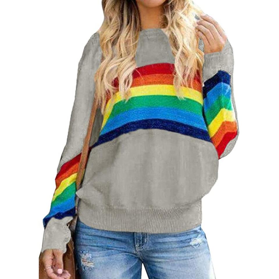 Ferrtye Womens Rainbow Pullover Sweaters Lightweight Long Sleeve Crew Neck Loose Knit Sweater