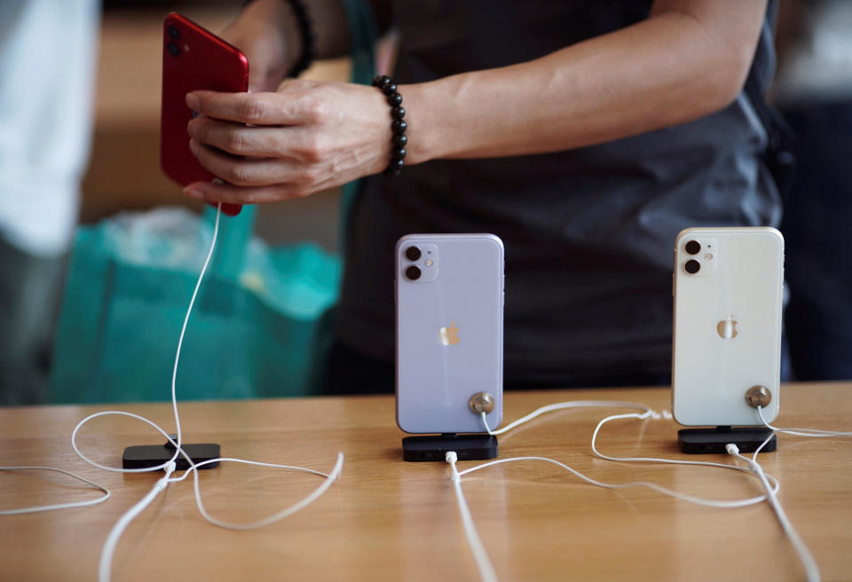 Apple's new iPhone 11 phones are displayed at the Apple Store in IFC, Central district, Hong Kong, China October 10, 2019, after Apple Inc on Wednesday removed an app that protestors in Hong Kong have used to track police movements from its app store. REUTERS/Athit Perawongmetha