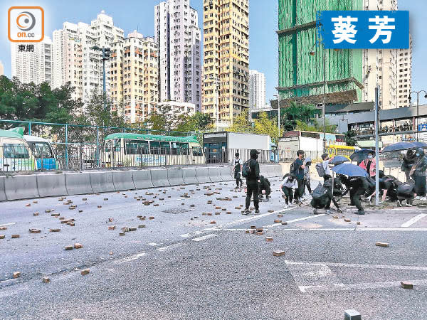 暴徒在葵芳站對出道路堵路。（趙瑞麟攝）