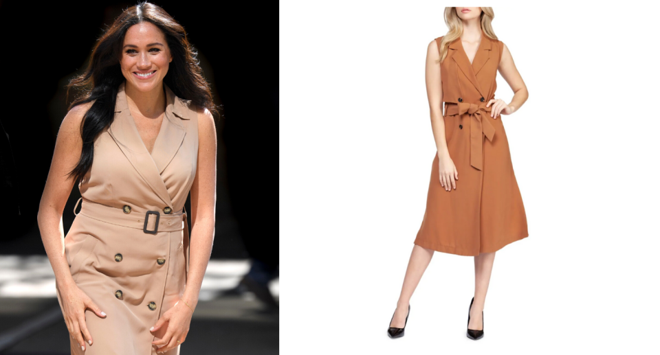 Meghan Markle in one of her signature styles: a belted trench dress.
