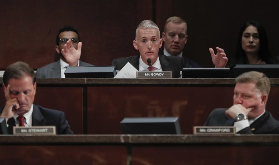 House Intelligence Committee member Rep. Trey Gowdy, R-S.C., center, questions former CIA Director John Brennan on Capitol Hill in Washington, Tuesday, May 23, 2017, during the committee's Russia Investigation Task Force hearing. Also at the hearing are Rep. Chris Stewart, R-Utah, left, and Rep. Rick Crawford, R-Ark. (Photo: Pablo Martinez Monsivais/AP)