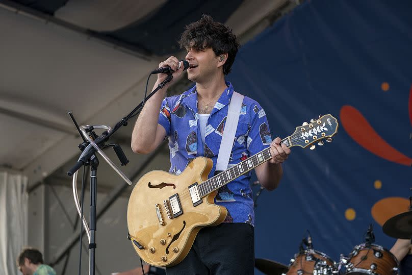 Ezra Koenig, of Vampire Weekend, performs during the New Orleans Jazz & Heritage Festival, Saturday, April 27, 2024