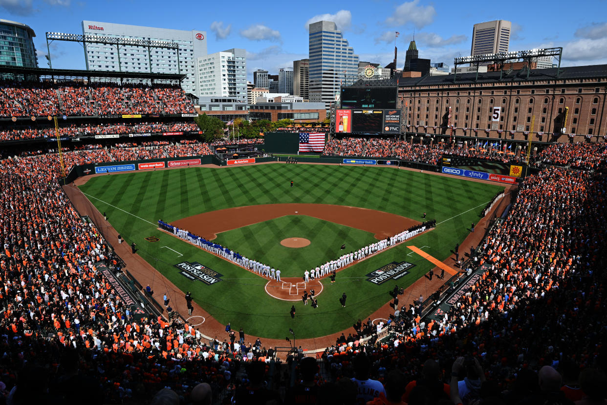 BALTIMORE, MARYLAND - OCTOBER 07: General view before the first inning of Game One of the American League Division Series between the Texas Rangers and the Baltimore Orioles at Oriole Park at Camden Yards on October 07, 2023 in Baltimore, Maryland. (Photo by Greg Fiume/Getty Images)