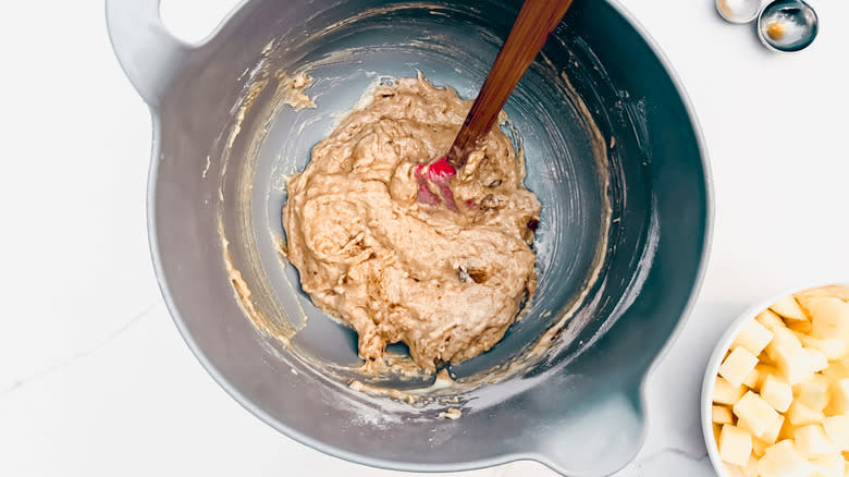 sweet apple batter in mixing bowl