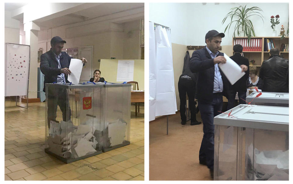 <p>A combination picture shows a voter casting a ballot at a polling station number 216 (L) and approaching a box before casting a ballot at a polling station number 217, during the presidential election in Ust-Djeguta, Russia March 18, 2018. The voter, asked by a Reuters reporter why he was voting for a second time, ignored the question and walked away. (Reuters staff) </p>