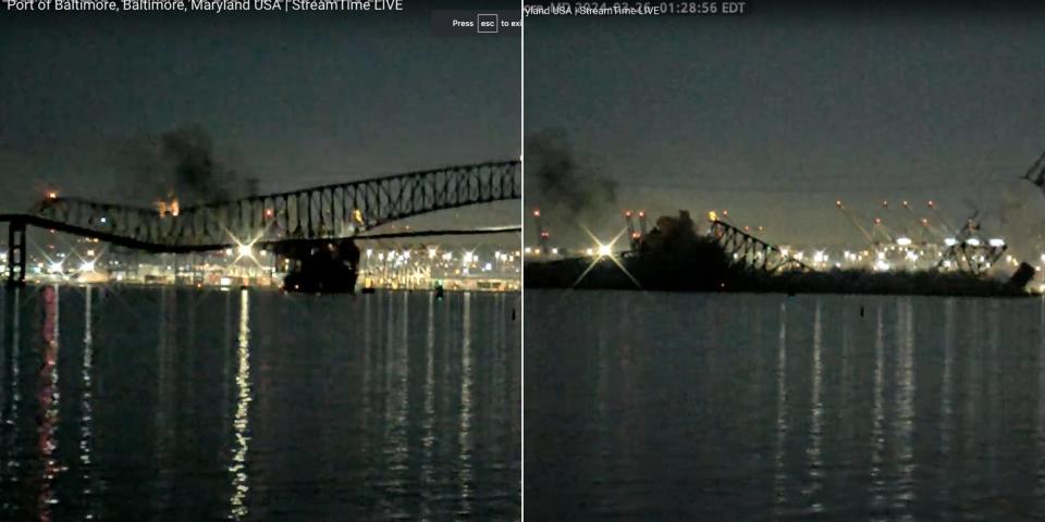 A YouTube livestream captured when a large ship rammed into a support beam of the Francis Scott Key Bridge on Tuesday.