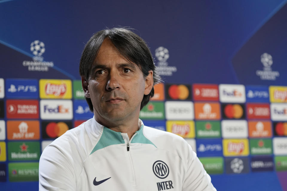 Inter Milan's head coach Simone Inzaghi waits the start of the press conference during a media day ahead of the Champions League soccer final, at the Suning training center, in Appiano Gentile, northern Italy, Monday, June 5, 2023. Inter Milan will play a Champions League final against Manchester City in Istanbul, Turkey, next Saturday, June 10. (AP Photo/Antonio Calanni)