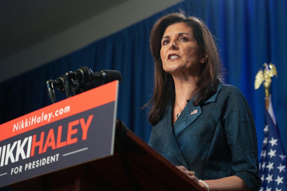 Republican presidential candidate and former UN Ambassador Nikki Haley delivers a speech to press and supporters in Greenville, S.C., on Feb. 20, 2024. Haley said she would not be dropping out of the presidential race ahead of the South Carolina primary.