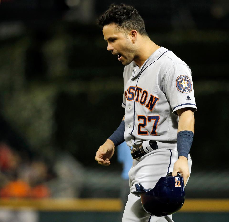 Astros All-Star Jose Altuve vents frustration after grounding into a double play in a loss to the Chicago White Sox on Thursday. (Getty Images)