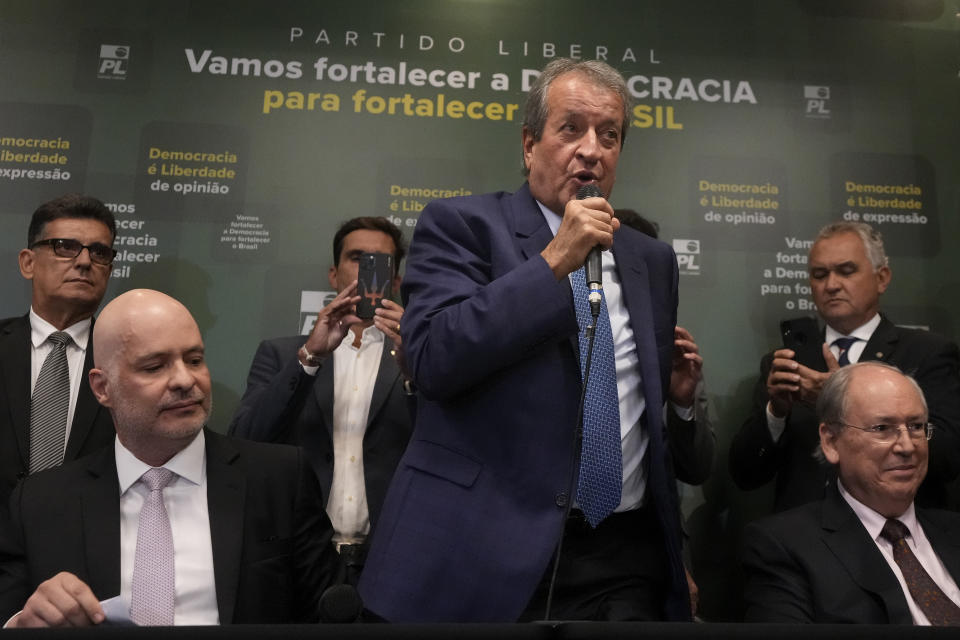 Valdemar Costa Neto, the leader of President Jair Bolsonaro's Liberal Party, speaks during a press conference regarding an investigation carried out by the party pointing out inconsistencies in voting machines used in the general elections, in Brasilia, Brazil, Tuesday, Nov. 22, 2022. Bolsonaro is contesting his defeat in the October election and calling on the electoral authority to annul votes cast on more than half of electronic voting machines used. (AP Photo/Eraldo Peres)