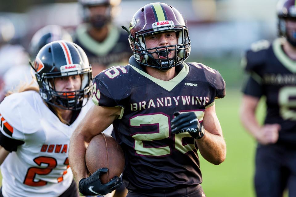 Brandywine's Carter Sobecki (26) runs with the ball for a touchdown during the Dowagiac-Brandywine high school football game on Friday, September 29, 2023, at Brandywine High School Selge Field in Niles, Michigan.