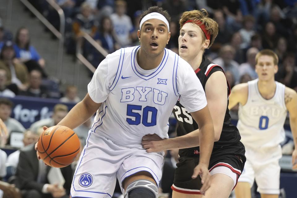 BYU center Aly Khalifa drives to the basket during game Wednesday, Dec. 13, 2023, in Provo, Utah. | George Frey, Associated Press