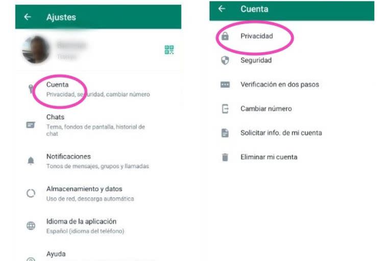 Hay que pulsar luego la opción "Cuenta" y "Privacidad" para llegar a poner la función "Mensajes Temporales"