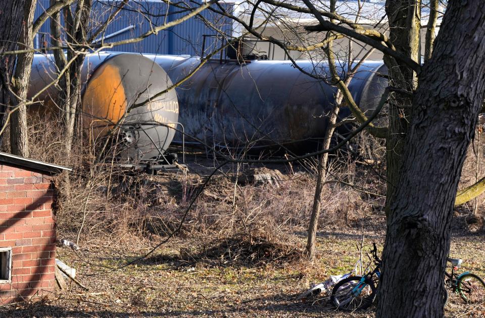 Children's bicycles sit in their backyard near the site of the derailed train in East Palestine on Feb. 14.