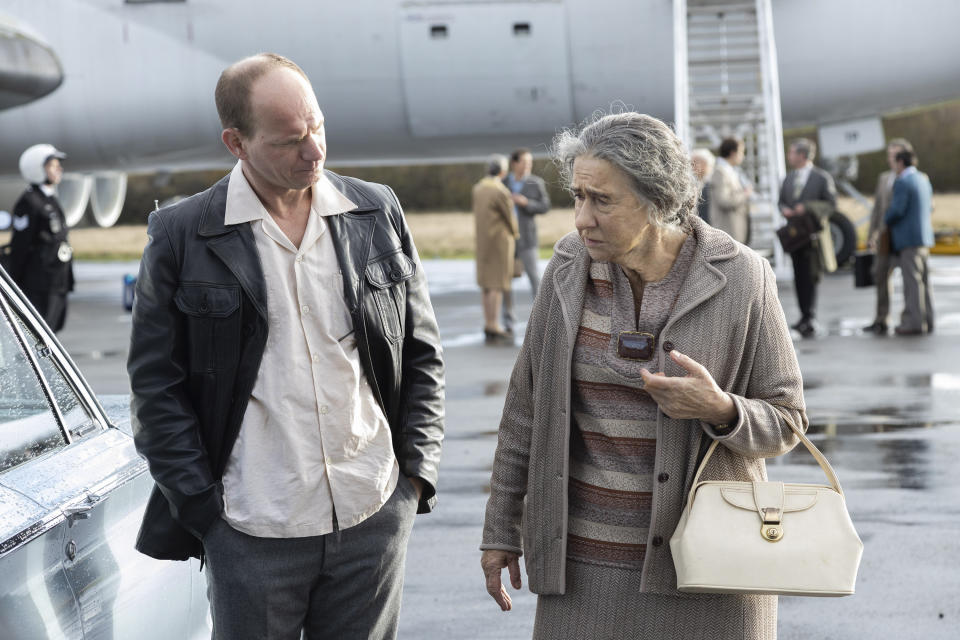 This image released by Bleecker Street shows Rotem Keinan, left, and Helen Mirren, as Golda Meir, in a scene from. the film "Golda." (Bleecker Street via AP)