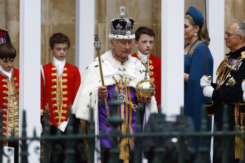 london, england may 06 king charles iii departs the coronation service at westminster abbey on may 06, 2023 in london, england the coronation of charles iii and his wife, camilla, as king and queen of the united kingdom of great britain and northern ireland, and the other commonwealth realms takes place at westminster abbey today charles acceded to the throne on 8 september 2022, upon the death of his mother, elizabeth ii photo by jeff j mitchellgetty images