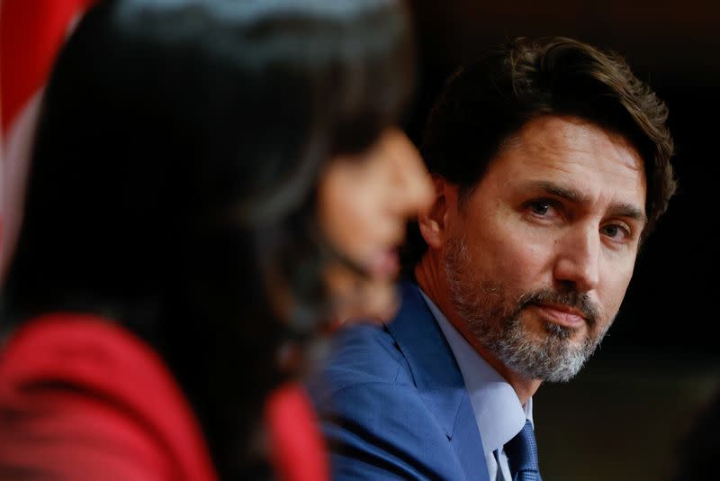 Canada's Prime Minister Justin Trudeau takes part in a news conference on Parliament Hill in Ottawa