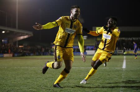 Britain Football Soccer - AFC Wimbledon v Sutton United - FA Cup Third Round Replay - The Cherry Red Records Stadium - 17/1/17 Sutton's Dan Fitchett celebrates scoring their third goal Action Images via Reuters / Peter Cziborra Livepic