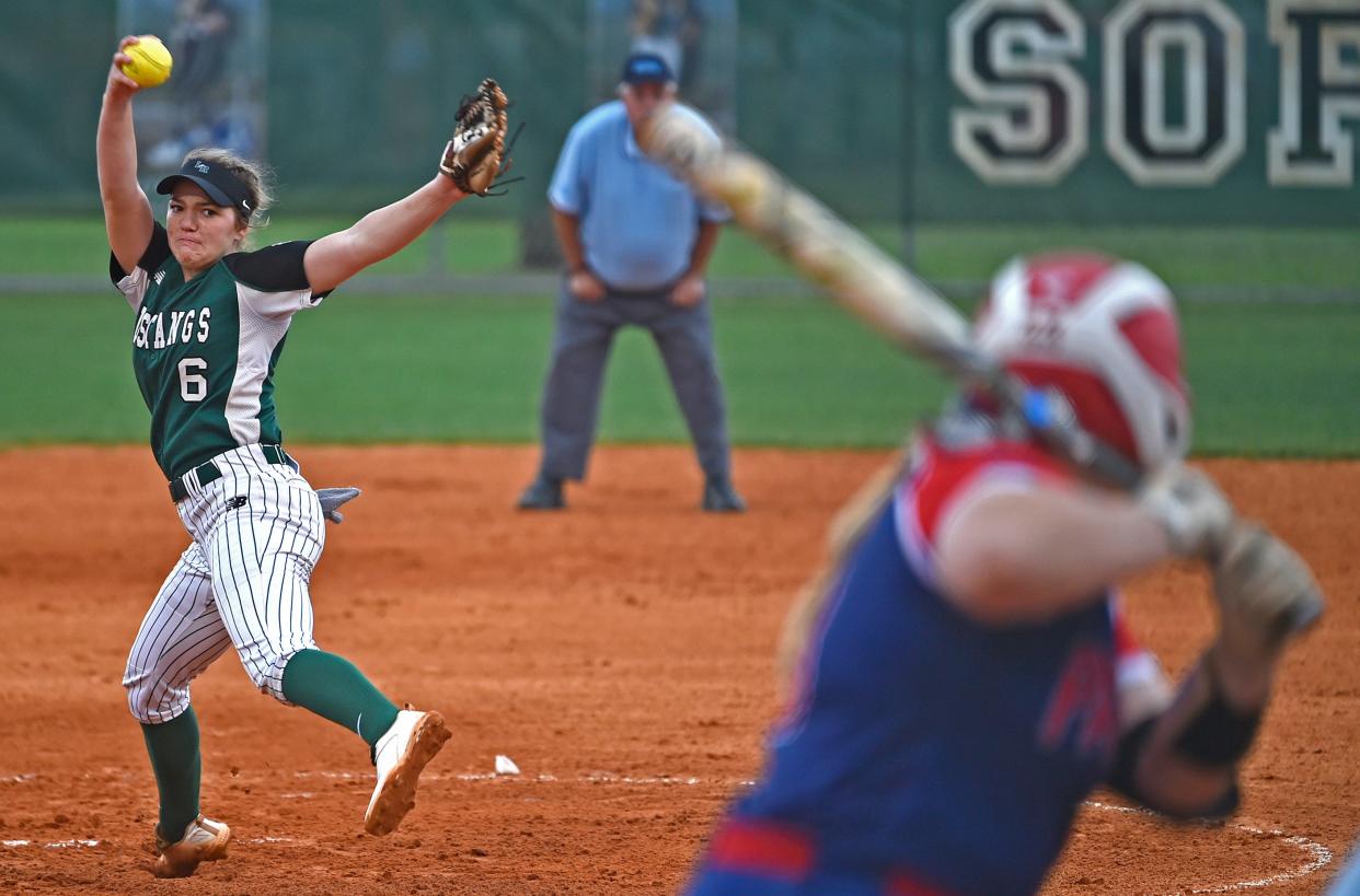 Lakewood Ranch High pitcher Ella Dodge throws a pitch during the opening inning against Lake Brantley on Thursday night at the Lakewood Ranch softball field.