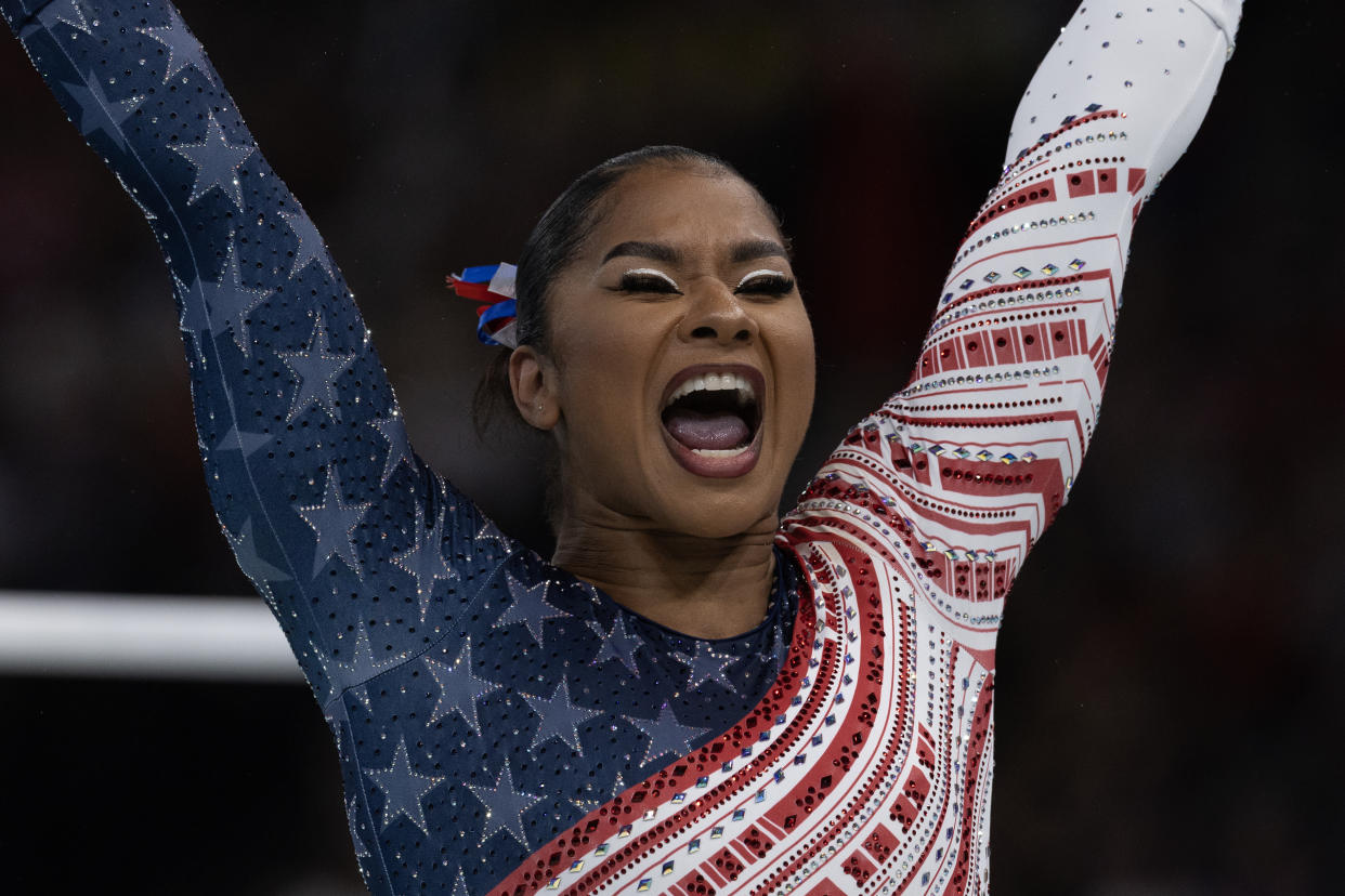 PARIS, FRANCE - JULY 30: Jordan Chiles of the United States reacts after performing on the uneven bars the Women's Team Artistic Gymnastics Final on day four of the Olympic Games Paris 2024 at Bercy Arena on July 30, 2024 in Paris, France. (Photo by Steve Christo - Corbis/Corbis via Getty Images)