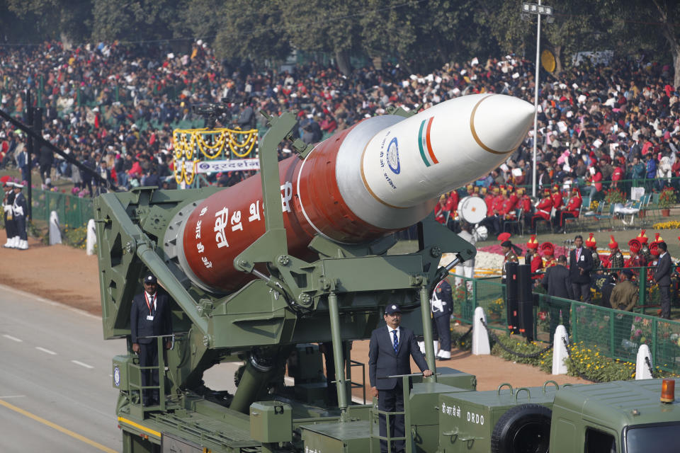 A model of a anti-satellite weapon from Defense Research and Developing Organization rolls out at Rajpath, the ceremonial boulevard, during Republic Day parade in New Delhi, India, Sunday, Jan. 26, 2020. Sunday's event that showcases India's military might and economic strength marks the anniversary of the country's democratic constitution taking force in 1950 .(AP Photo/Manish Swarup)