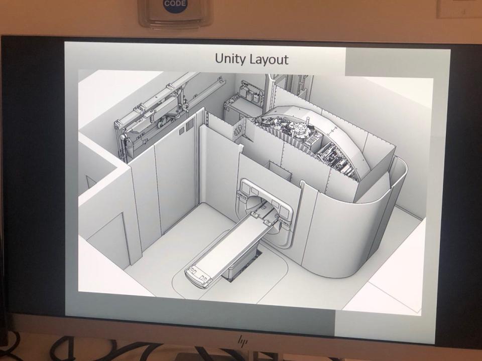 A rendering shows the layout of the new Elekta Unity radiation treatment system at Methodist University Hospital.