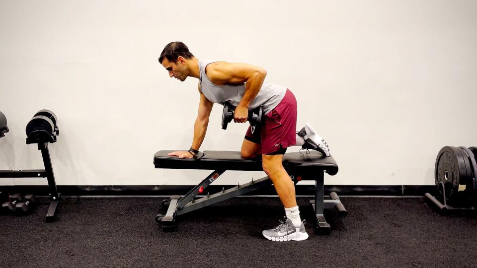 rear delt exercises for better posture, single arm bent over supported row