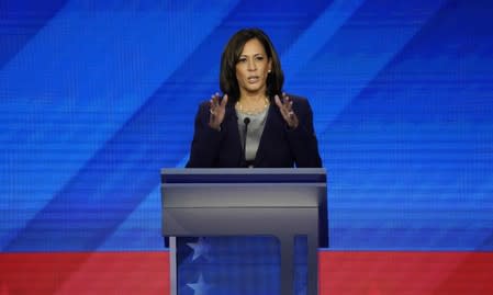 Senator Kamala Harris speaks during the 2020 Democratic U.S. presidential debate in Houston