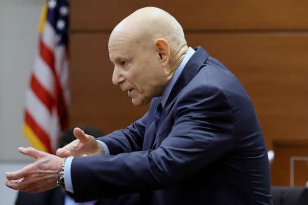 PHOTO: Assistant State Attorney Mike Satz gestures as if he is holding a rifle while giving his closing argument in the penalty phase at the Broward County Courthouse in Fort Lauderdale, Fla., Oct. 11, 2022. (Amy Beth Bennett/South Florida Sun Sentinel via AP, POOL)