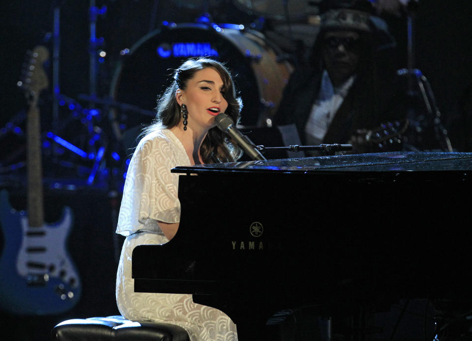 Sara Bareilles performs after the induction of late Laura Nyro into the Rock and Roll Hall of Fame Saturday, April 14, 2012, in Cleveland. (AP Photo/Tony Dejak)