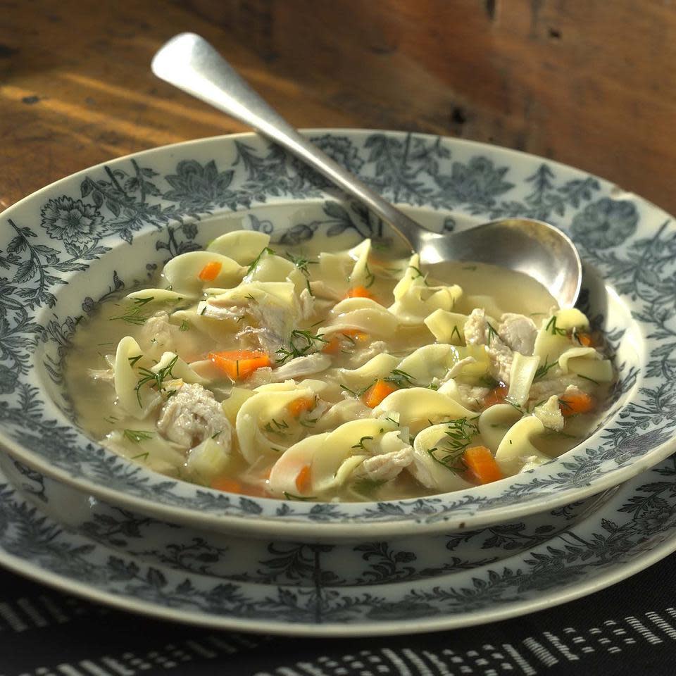 <p>Chicken noodle soup is undeniably comfort food for many people (especially when they're not feeling well) and this version gets a healthful update. Whole-wheat egg noodles add fiber and nutrients and reduced-sodium chicken broth cuts the sodium. By all means use homemade chicken broth if you have it. <a href="https://www.eatingwell.com/recipe/248764/chicken-noodle-soup-with-dill/" rel="nofollow noopener" target="_blank" data-ylk="slk:View Recipe;elm:context_link;itc:0;sec:content-canvas" class="link ">View Recipe</a></p>