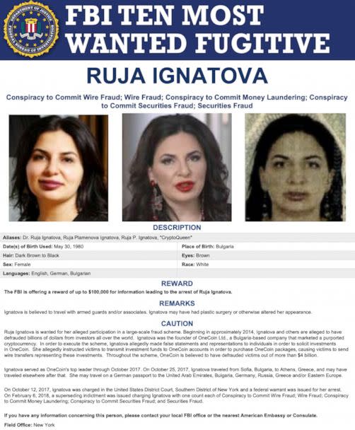 PHOTO: The FBI has added 'Cryptoqueen' Ruja Ignatova to its Ten Most Wanted Fugitives list. (FBI)
