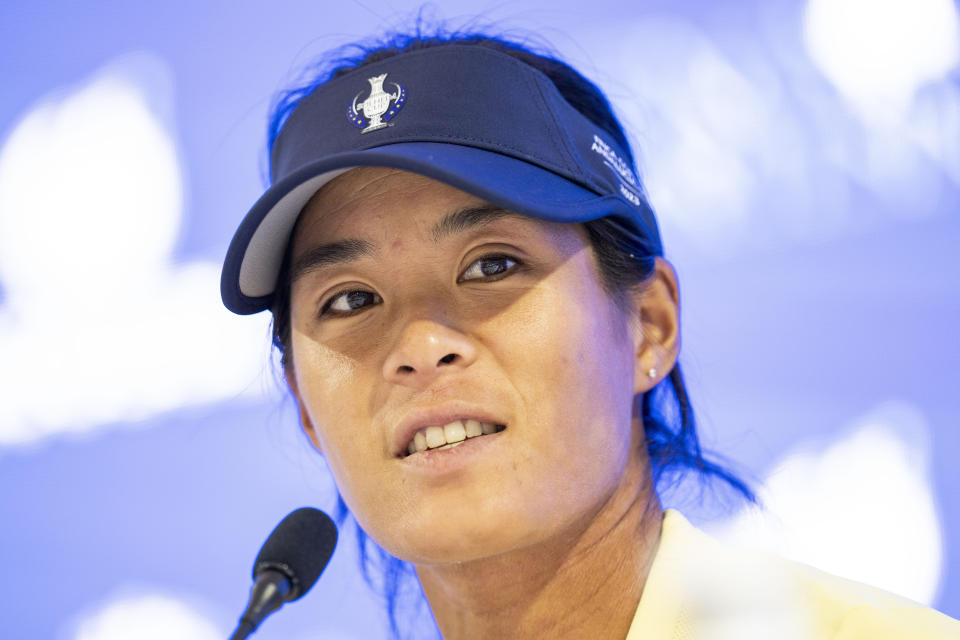 Solheim Cup team Europe golfer Celine Boutier attends a press conference at Finca Cortesin, near Estepona, southern Spain, on Tuesday, Sept. 19, 2023. (AP Photo/Bernat Armangue)