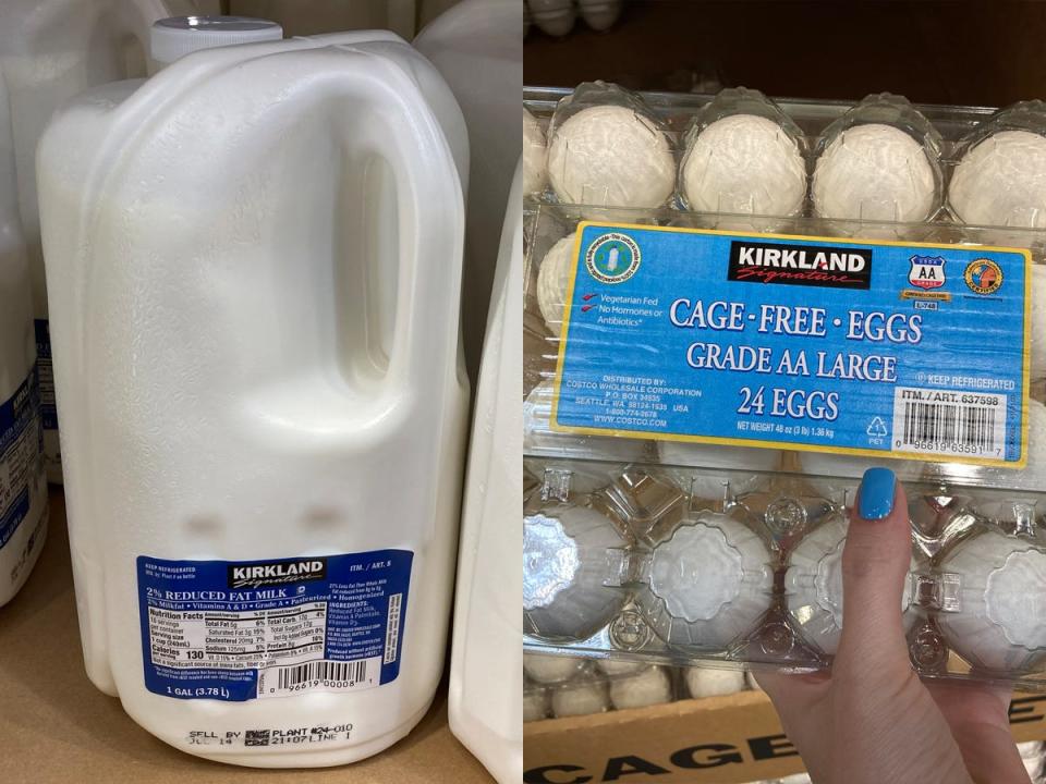 carton of kirkland milk and a carton of kirkland eggs on the shelves at costco