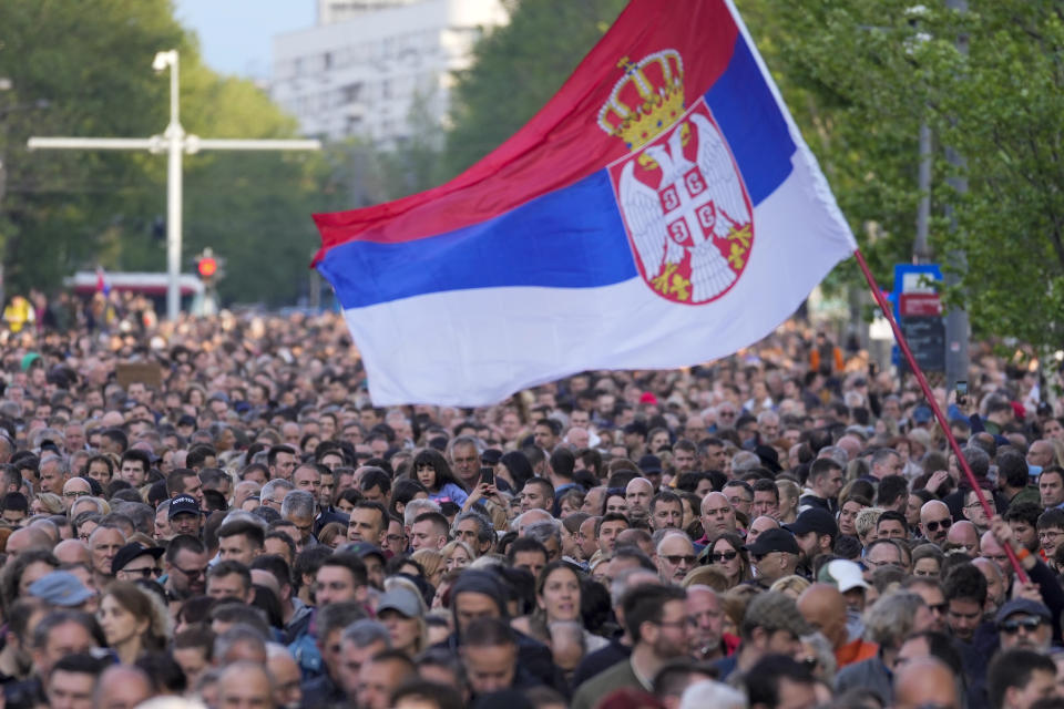 People march during a protest against violence in Belgrade, Serbia, Monday, May 8, 2023. The shootings last Wednesday in Belgrade and a day later in a rural area south of the capital left the nation stunned. The shootings also triggered calls to encourage tolerance and rid society of widespread hate speech and a gun culture stemming from the 1990s wars. (AP Photo/Darko Vojinovic)