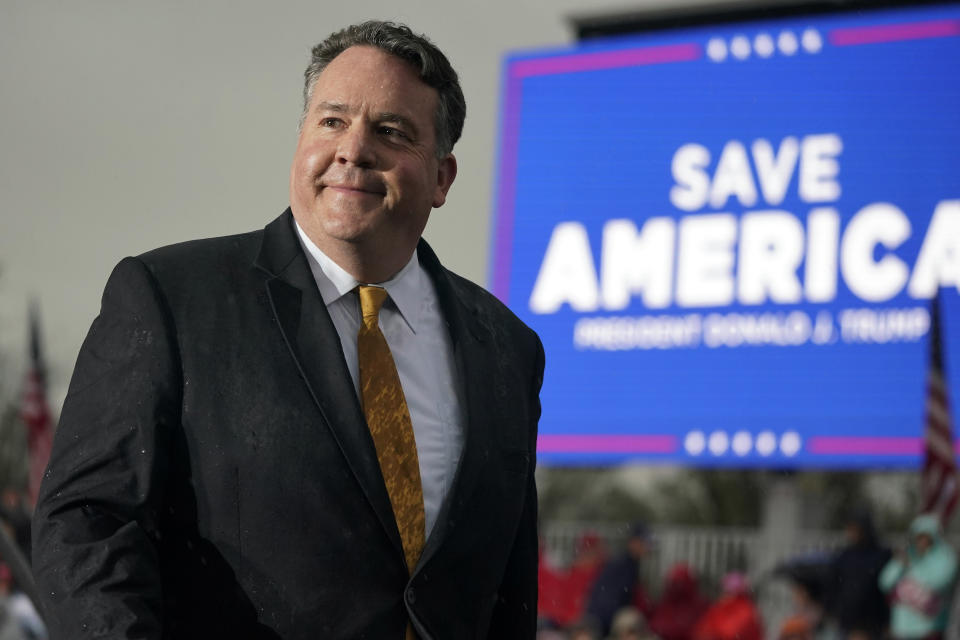 FILE - Rep. Alex Mooney, R-WVa., attends a campaign rally at the Westmoreland Fair Grounds in Greensburg, Pa., May 6, 2022. In 2024 Sen. Joe Manchin, D-W.Va., will be up for reelection. Manchin has already drawn a GOP challenger in Mooney, who declared a week after winning reelection that he was setting his sights on higher office. Manchin has not yet said whether he’ll run for reelection. (AP Photo/Gene J. Puskar, File)