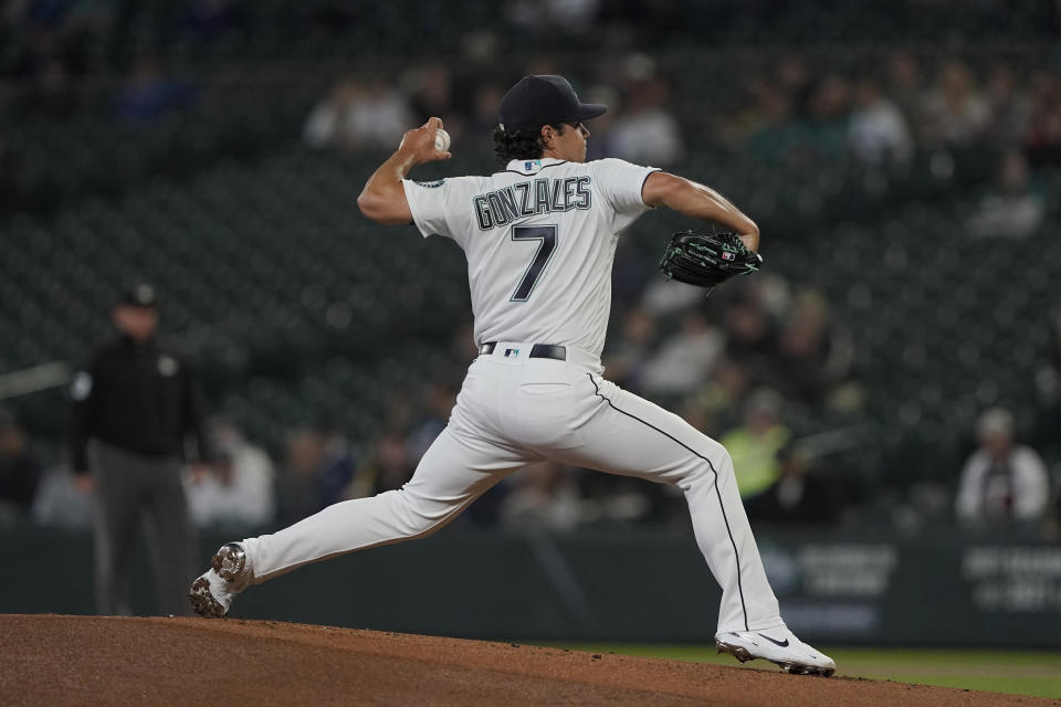 Seattle Mariners starting pitcher Marco Gonzales throws against the Minnesota Twins during the first inning of a baseball game, Monday, June 14, 2021, in Seattle. (AP Photo/Ted S. Warren)