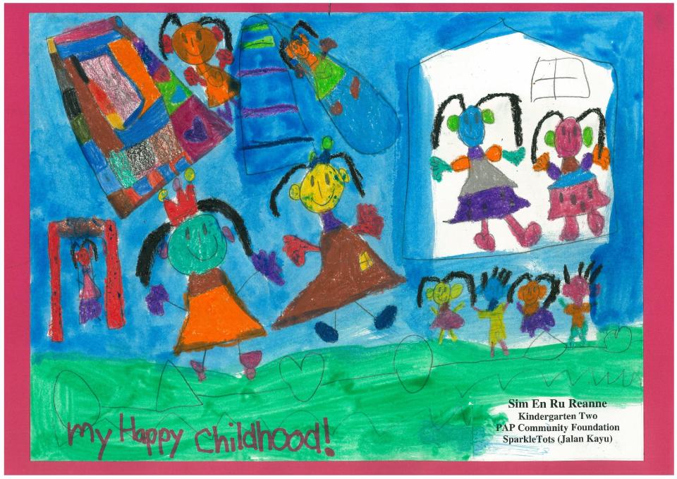Reanne Sim, 6, draws a picture of herself in different happy moments of her childhood. (PAP Community Foundation – Sparkletots)