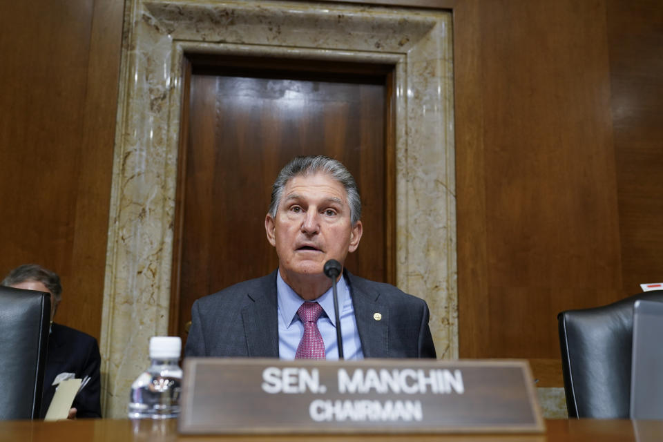 FILE - Sen. Joe Manchin, D-W.Va., arrives to chair the Senate Energy and Natural Resources Committee at the Capitol in Washington, Sept. 21, 2021. Manchin says he will not move forward on President Joe Biden’s nominee to oversee oil and gas leasing at the Interior Department. In an op-ed Friday, March 10, 2023, he cited a leaked memo signed by nominee Laura Daniel-Davis that proposed charging oil companies higher rates for drilling off the Alaska coast. (AP Photo/J. Scott Applewhite, File)